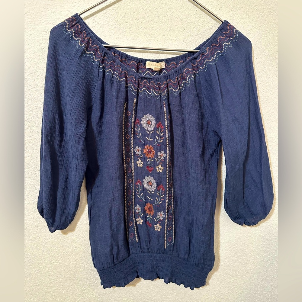 EDGE Embroidered Navy Off The Shoulder Peasant Blouse Top